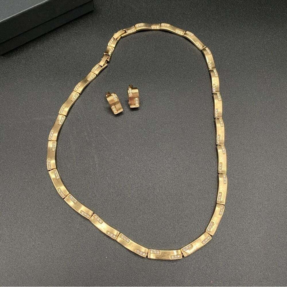 Monet Vintage Gold Tone Link Necklace and Clip On Earrings with Sparkly Accent